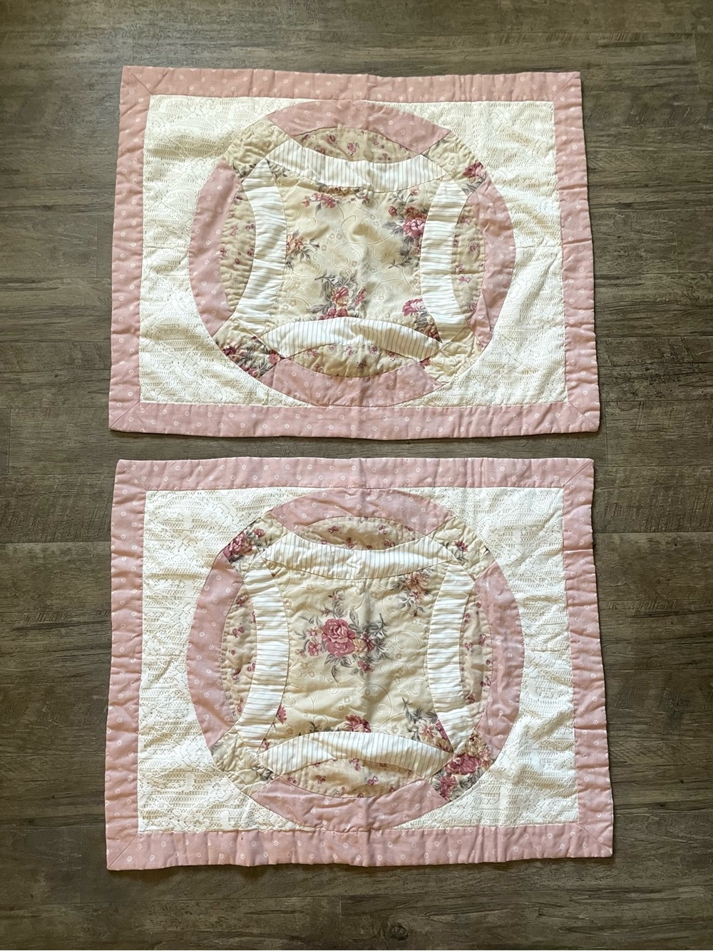 Vintage Shams Set of 2 Double Wedding Ring Quilted Pink Cotton Blend Standard Sz